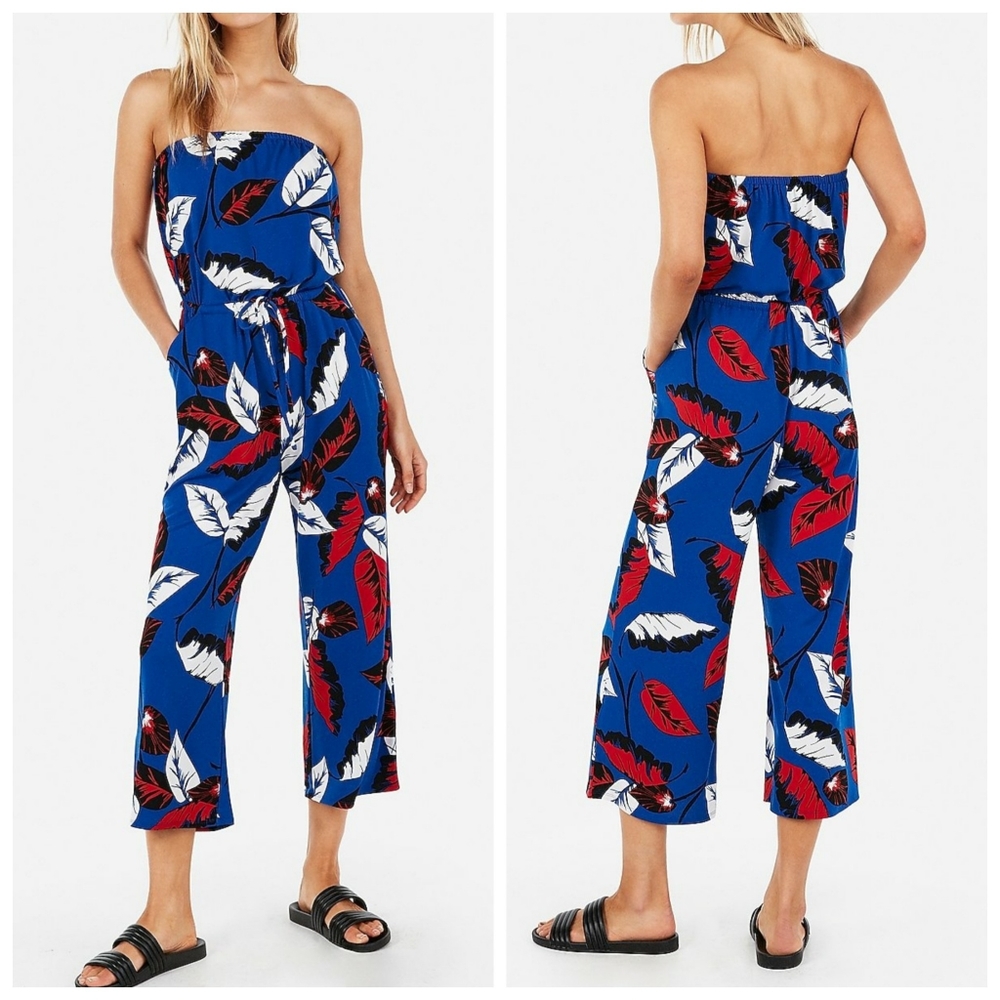 NWT Express Blue Print Strapless Culotte Jumpsuit